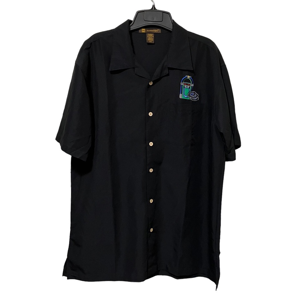 Harriton Embroidered Jukebox Vinyl Richie King Of Burgh Black Button Down Shirt